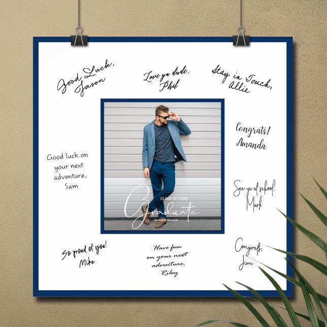 Foto Examen Autograf Marinblå Kant Poster (Graduation autograph photo poster with navy blue border, INSTANT DOWNLOAD and/or PRINTED)