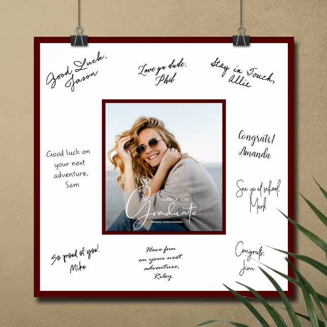 Foto Examen Autograf Mörk Vinröd Poster (Graduation autograph poster with your photo and dark maroon border, INSTANT DOWNLOAD and/or PRINTED)
