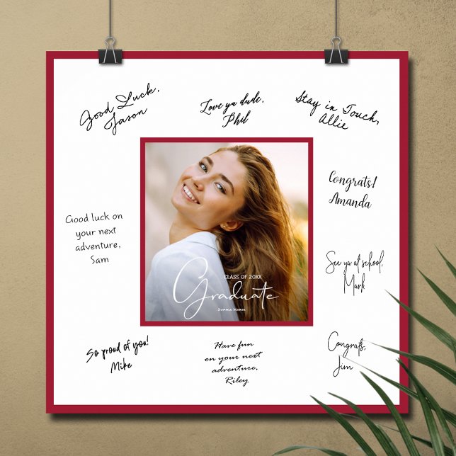 Foto Examen Autograf Röda Kanter Poster (Graduation autograph photo poster with crimson red  border, INSTANT DOWNLOAD and/or PRINTED)