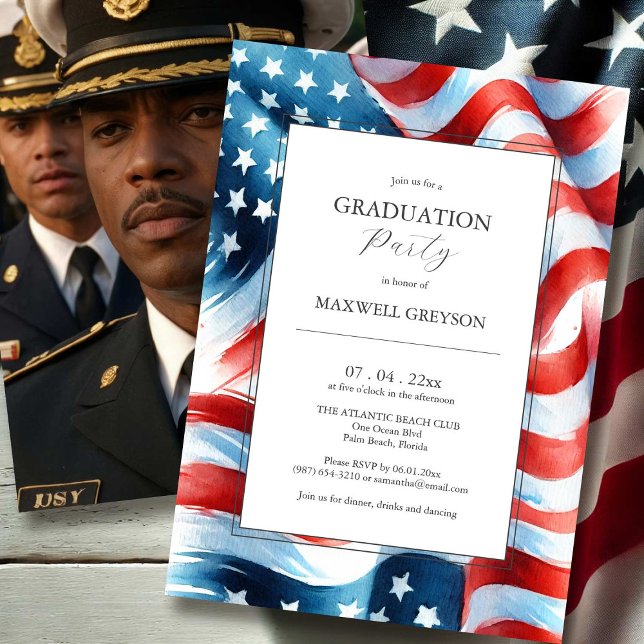 Foto Examen Fests-inbjudningar Amerikansk Flagga Inbjudningar (Photo graduation invitations watercolor American flag.)