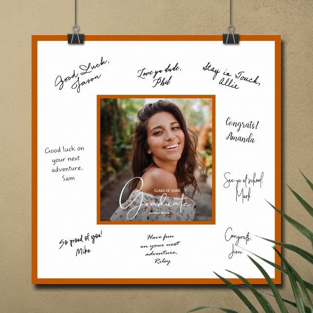 Foto examensautograf bränd orange kant poster (Graduation autograph photo poster with burnt orange border, INSTANT DOWNLOAD and/or PRINTED)