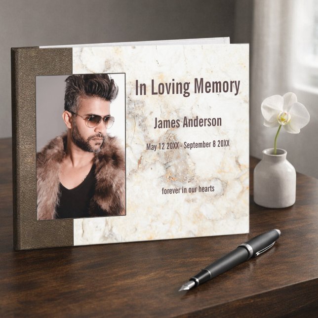 Foto Falskt Läder Marmor Minnes  Gästböcker (Guest book featuring your custom photo framed by a stylish marble and brown faux leather design)
