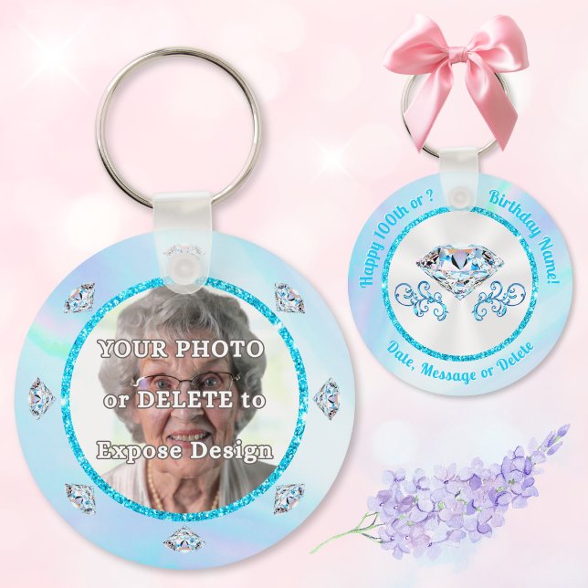 Foto, favoritföreställningar för 100:e födelsedage nyckelring (100th birthday party favors. Personalized party favors with photo. Photo party favors. Keychain.)