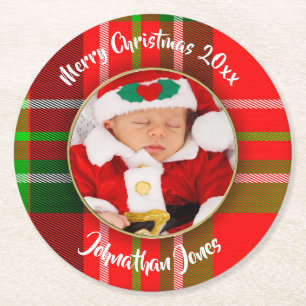Foto - Festive jul Red Tartan Bild Ram Underlägg Papper Rund