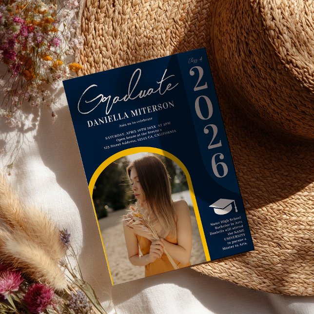 Foto fet 2024 båge mörk blått studenten inbjudningar (Photo bold 2026 arch dark blue graduation invitation)