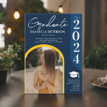Foto fet 2024 båge mörk blått studenten inbjudningar<br><div class="desc">Skål för 2024! Sätt fart med våra återinspirerade studentkort! Med fet stil och med gult är dessa inbjudningarna perfekt för alla studenterna med boho-chic,  med 2 foton.</div>