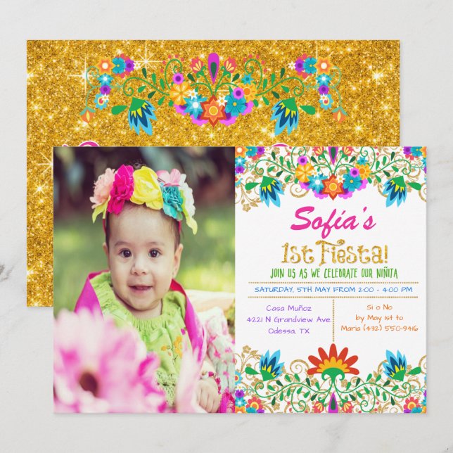 FOTO - Fiesta 1-års födelsedagsinbjudan med glitte Inbjudningar (Fram/baksida)