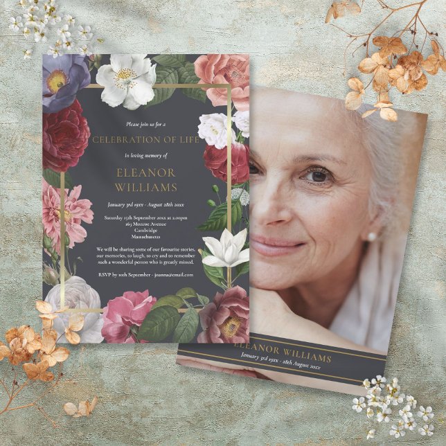 Foto Firande av Livets Begravning Ros Blommig Inbjudningar (Photo Celebration of Life Funeral Rose Floral Invitation)