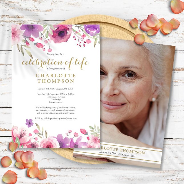 Foto Firande i Life Watercolor Blommigt Inbjudningar (Photo Celebration of Life Watercolor Floral Invitation)