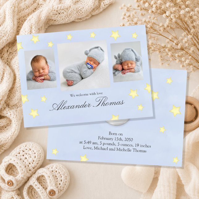 Foto Födelseannons Söt Barnkammarrim  Meddelande (Personalized baby boy birth announcement with three cherished newborn photos.)