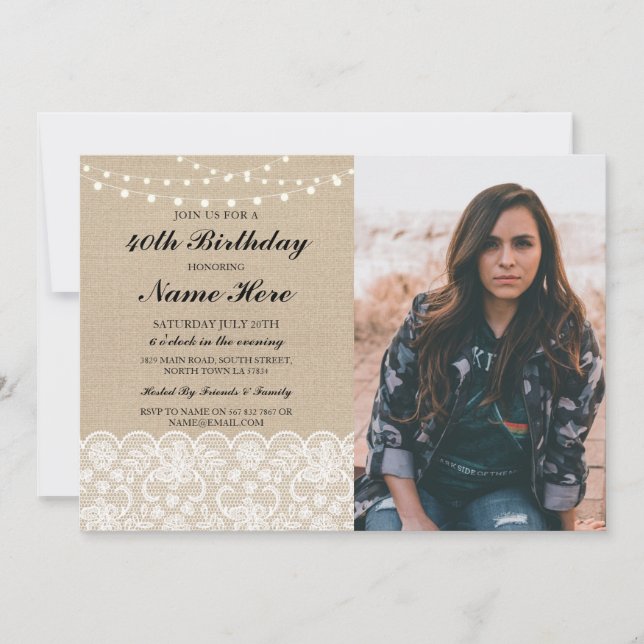 Foto Födelsedagsfest 40:e 50:e Rustic Burlap Snöre Inbjudningar (Framsida)