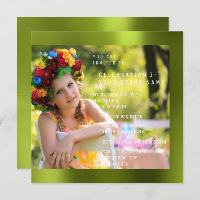 Foto Födelsedagsfest Cali Grönt Metall Inbjudningar (Fram/baksida)