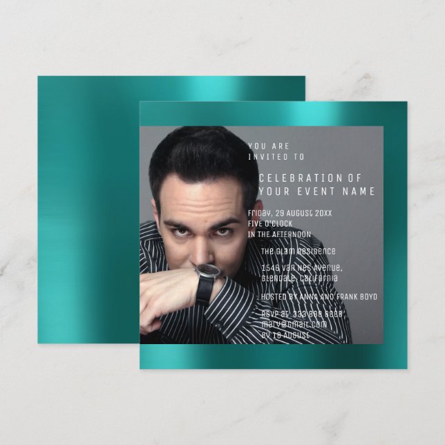 Foto Födelsedagsfest Grått Teal Grönt VIP Metallic Inbjudningar (Fram/baksida)