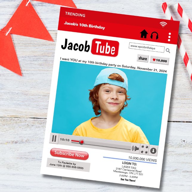 Foto Födelsedagsrör Partyinbjudan Inbjudningar (Become a social media star for the day with this Youtube inspired birthday invitation.)