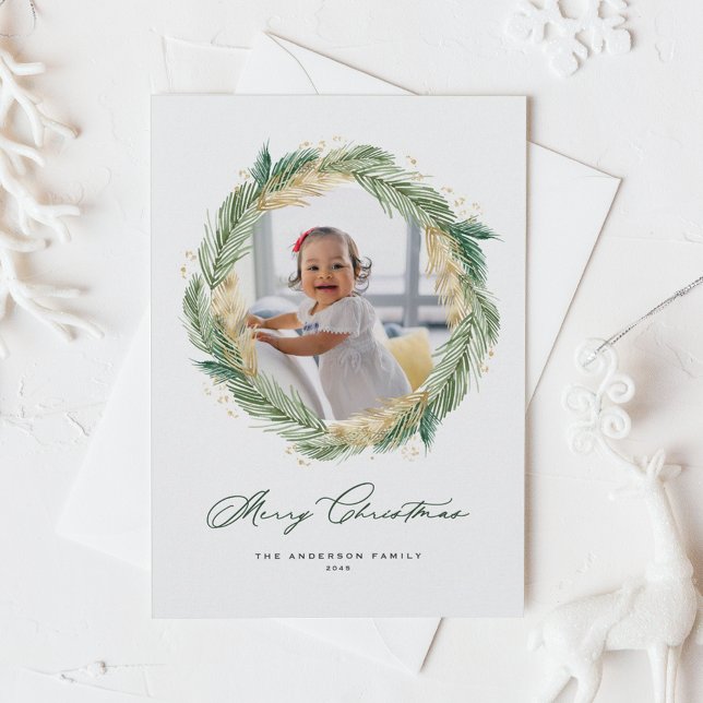 Foto för andningsfoto för guld i God jul Gräs Nål (Faux Gold Foil Pine Needles Wreath Merry Christmas Photo Holiday Card)