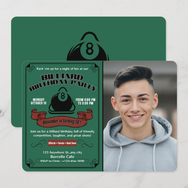 Foto för Anpassningsbar av Billiard Födelsedagsfes Inbjudningar (Fram/baksida)