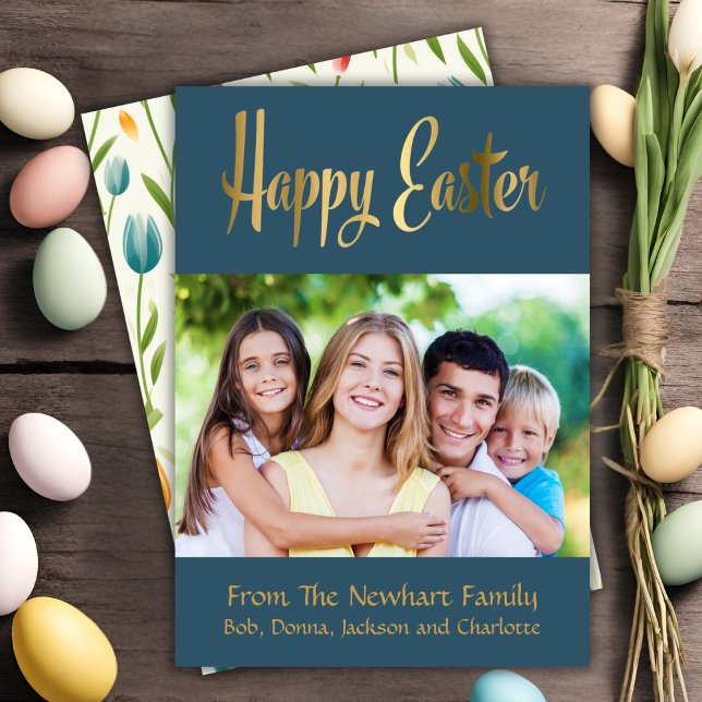 Foto för Anpassningsbar av skript i Glad påsk Guld Julkort (Happy Easter Gold Script Custom Photo Holiday Card)