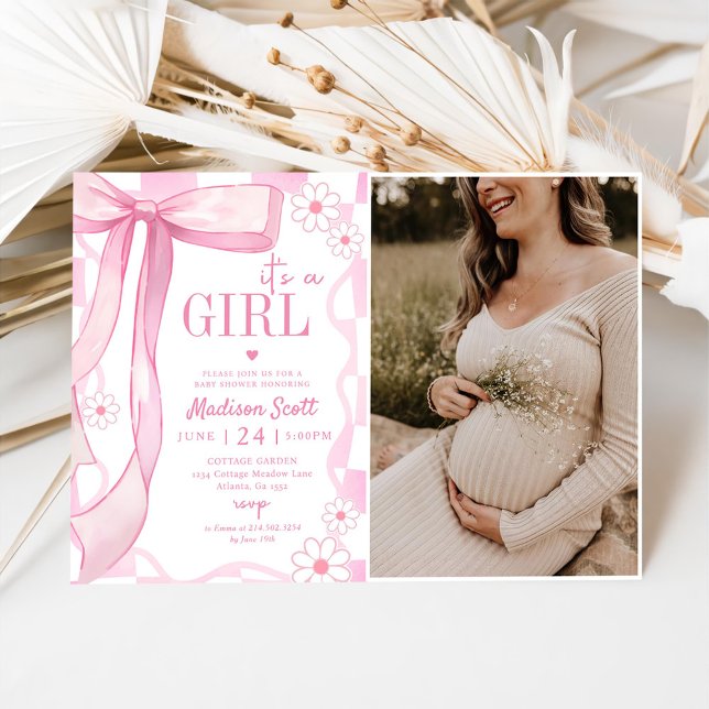 Foto för babyfoto för Elegant i rosa Bow Inbjudningar (Skapare uppladdad)