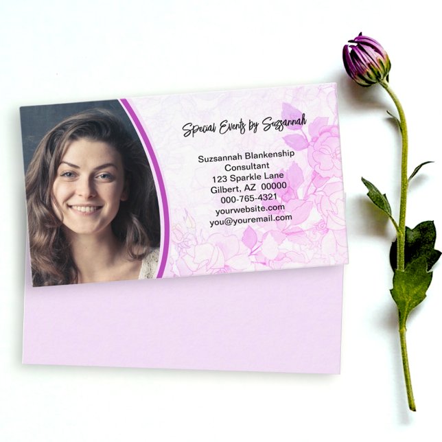 Foto för bakgrundsAnpassningsbar för professionell Visitkort (floral front and pink back custom photo business card design)