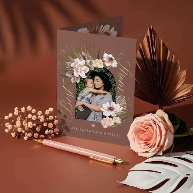 Foto för bästa Mamma-moderna Bohemiska Blommigtar  Kort (Best Mom Modern Bohemian Watercolor Florals Photo Card)