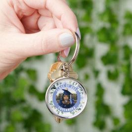 Foto för blå Blommigt Ro Studenten Rund Silverfärgad Nyckelring