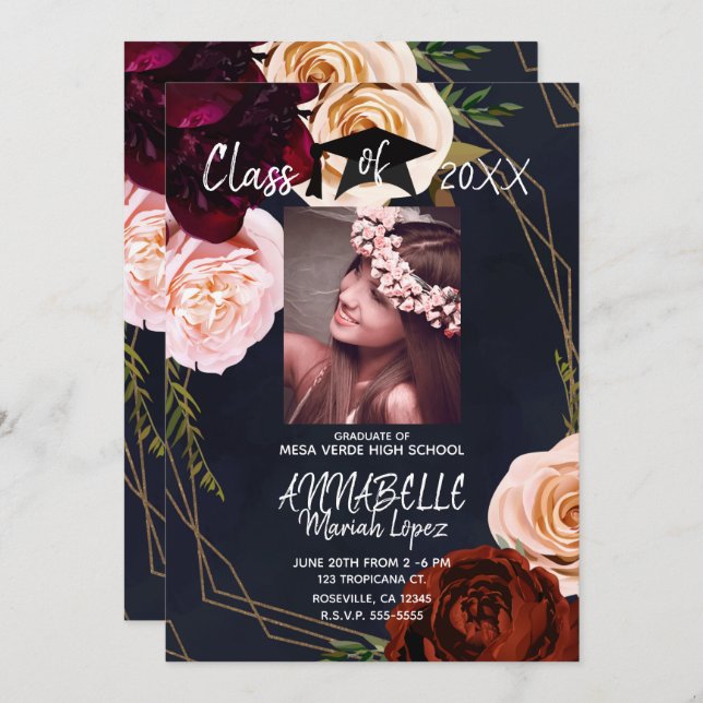 Foto för blå Studentfest i Guld Blommigt Inbjudningar (Fram/baksida)