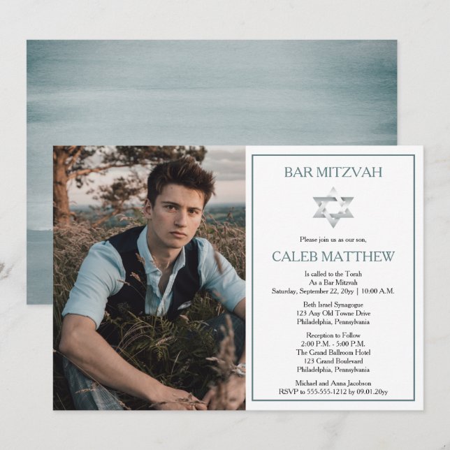 Foto för blå vattenfärg | David Pub Mitzvahs stjär Inbjudningar (Fram/baksida)