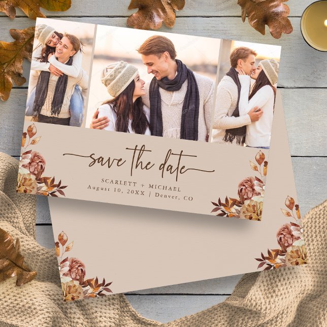 Foto för Blommigt av automatisk övergång till höst Spara Datumet (Elegant Taupe Autumn Floral Photo Save The Date Card by Painted Paperie
)