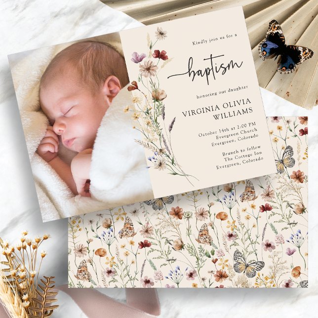 Foto för Blommigt av baptism Inbjudningar (Boho Baptism Floral Photo Invitation by Painted Paperie
)
