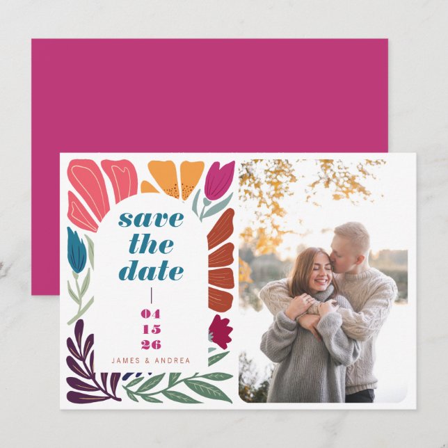 Foto för Blommigt Bröllop i Multifärgad med fetsti Spara Datumet (Fram/baksida)