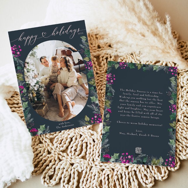 Foto för Boho Blue & Rosa Oval-familjen Julkort (Skapare uppladdad)