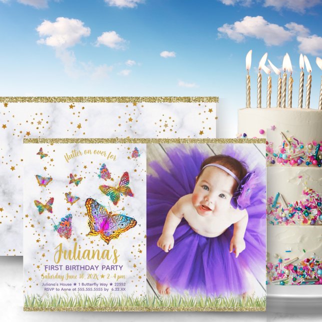 Foto för Bright Butterfly First Födelsedagsfest Inbjudningar (Bright Butterfly First Birthday Party Photo Invitation)