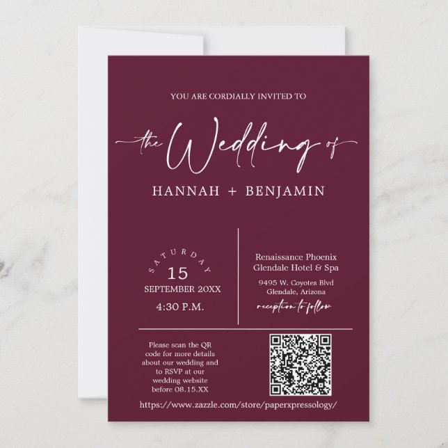 Foto för Burgundy Modern Minimal Bröllop Arch QR-k Inbjudningar (Framsida)