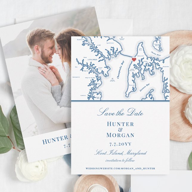Foto för Chesapeake Bay Beach Klubb Elegant Navy F Spara Datumet (Chesapeake Bay Beach Club save the date in elegant navy blue from Coastal Map Designs)
