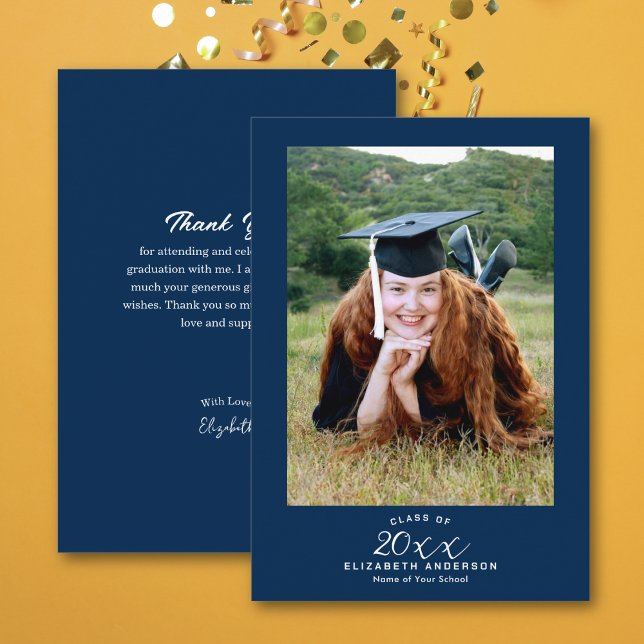 Foto för Classy Elegant Script Navy Blue Studenten Tack Kort (Skapare uppladdad)