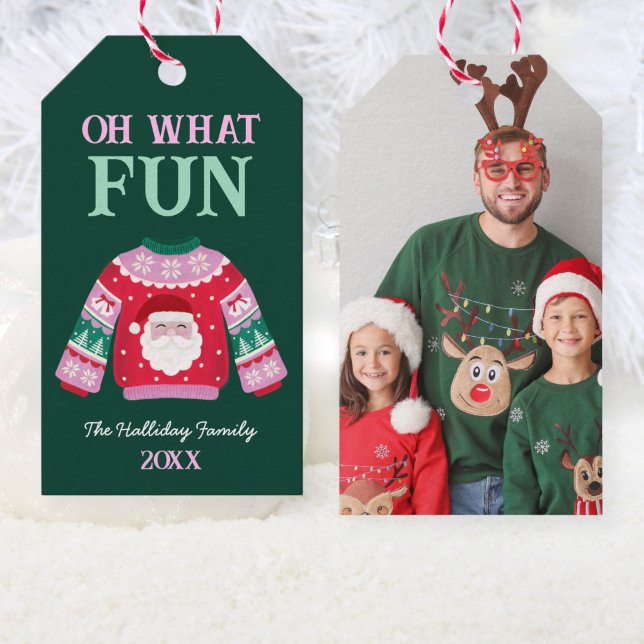 Foto för Cute Funny Ugly Sweater Santa Family Presentetikett (Cute Funny Ugly Sweater Santa Family Photo Gift Tags)