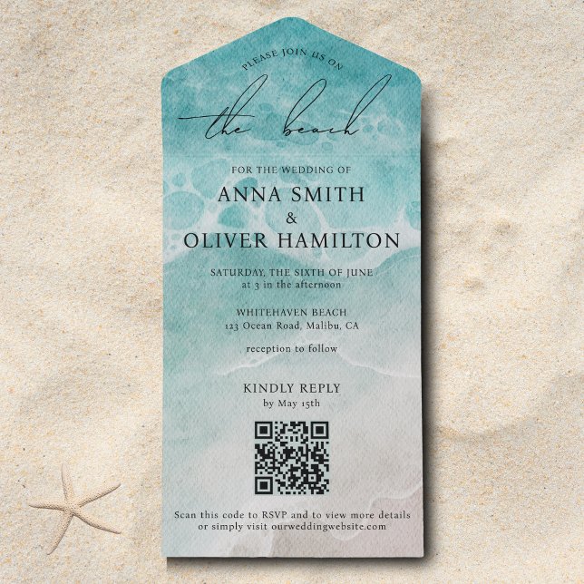 Foto för den moderna Bröllop-sjöfärgen Ocean Beach (Beach Wedding Invitation)