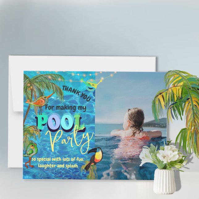 Foto för den tropiska Roligten Bassäng Party Tack Kort (Tropical Fun Pool Party Photo Thank You Card)