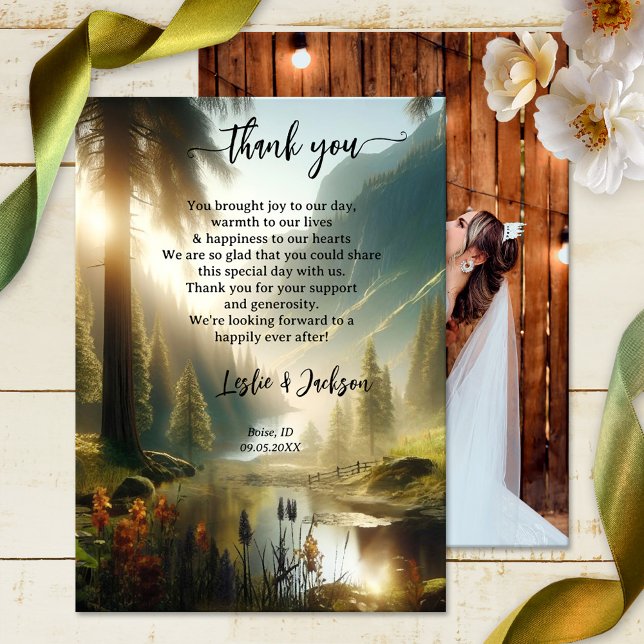 Foto för det fantastiska skogberget Bröllop Tack Kort (Wedding Thank You card featuring your own wedding photo and an enchanted forest in the mountains)