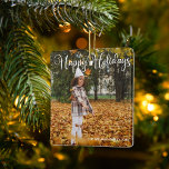 Foto för Dubblan glad helg Elegant Sided Family Ph Julgransprydnad Keramik<br><div class="desc">Elegant Glad helg fotodekoration med vacker vit kursiv typografi. Den här moderna helgdag fotonpresenter har ett fantastiskt skript och ditt namn i vitt över fullt utfallna bild. Anpassa med ett andra foto på baksidan.</div>