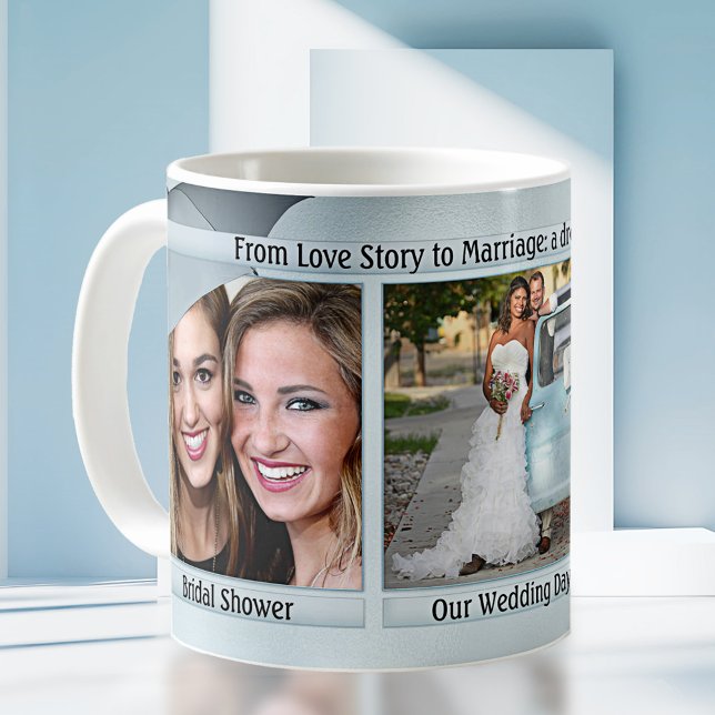 Foto för Dusty Blue Bröllop Story Board Kaffemugg (Storyboard timeline modern personalized wedding photo mug in dusty blue - wedding gift)