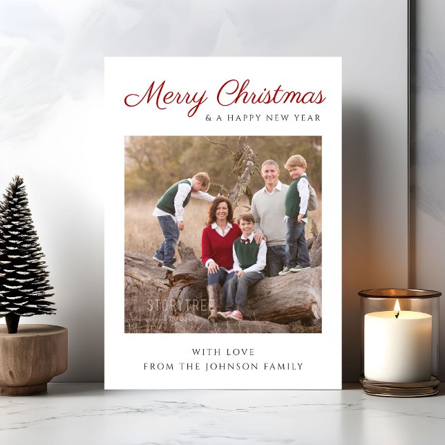 Foto för elegant Modern Script God jul Julkort (Elegant Modern Script Merry Christmas Photo Holiday Card)