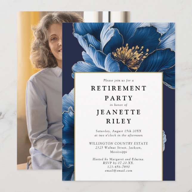 Foto för elegant Navy Blue Blommigt Pension Party Inbjudningar (Fram/baksida)
