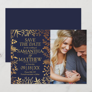 Foto för elegant Navy & Guld Blommigt Bröllop Spara Datumet