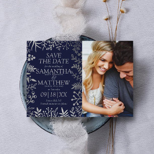 Foto för elegant Navy & Silver Blommigt Bröllop Spara Datumet