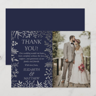 Foto för elegant Navy & Silver Blommigt Bröllop Tack Kort