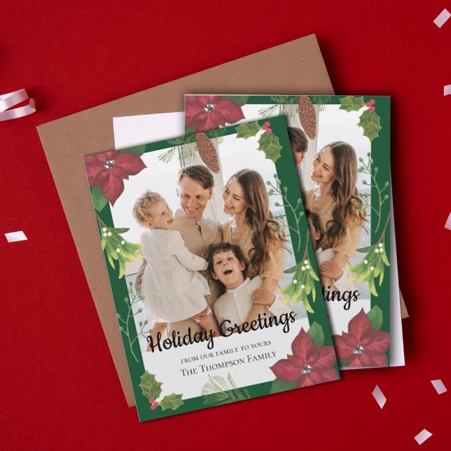 Foto för elegant Red Flower Family Helg Vykort (Elegant Merry Christmas Red Flower Family Photo Holiday Postcard)