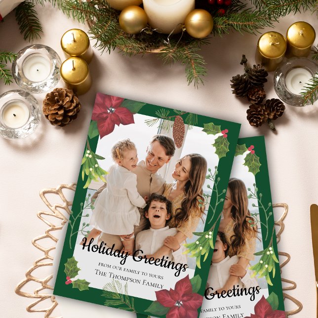 Foto för elegant Red Flower Family Julkort (Elegant Merry Christmas Red Flower Family Photo Holiday Card)