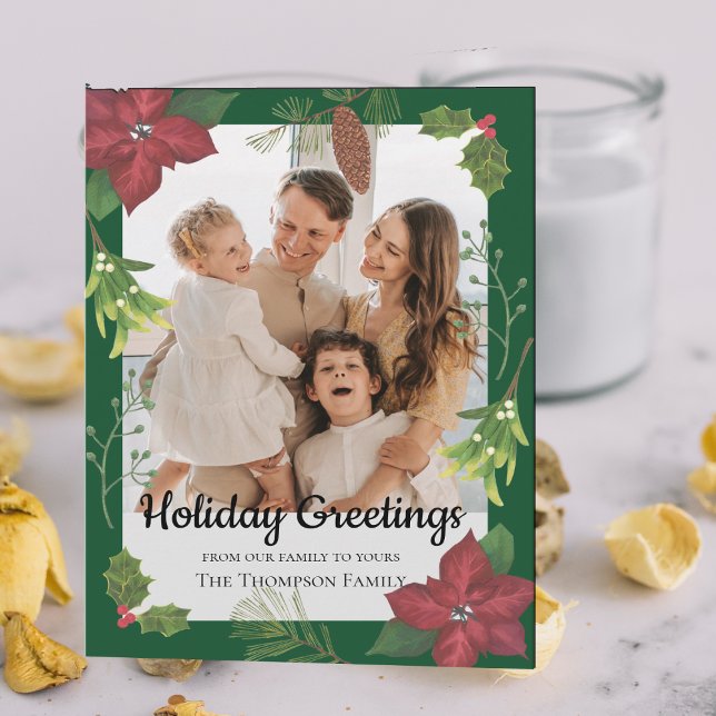 Foto för elegant Red Flower Family Kort (Elegant Merry Christmas Red Flower Family Photo Card)