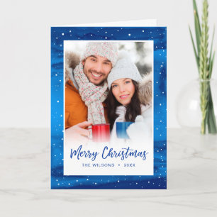 Foto för elegant Script Blue Snö God jul Helgkort